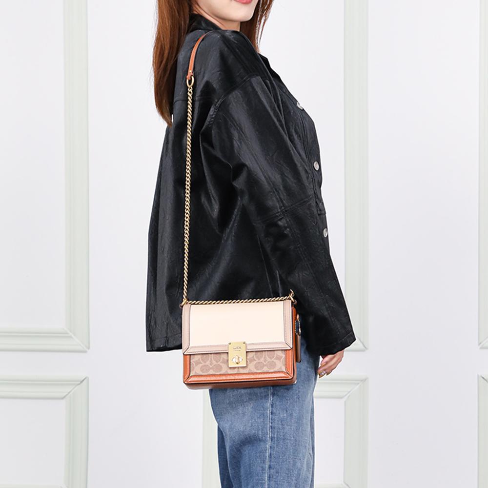 Coach Hutton Color Block Lock Closure Leather Small Square Chain Bag Women Bags Brown White C2795-B4SD2