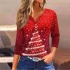 Women's Fashion Casual Christmas Tree Print V-Neck Decorative Button Three-Quarter Sleeve T-Shirt Top