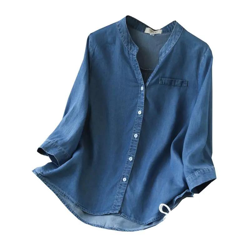 Синяя джинсовая лиоцелловая повседневная однобортная женская блузка с рукавом три четверти, рубашка, модная женская одежда, топы