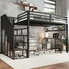 Iron Bed, Loft Bed, Stairs with Handrails, With Desk and Storage Shelf, Stable Slatted Frames, Iron + Chipboard, Black+Dark, 120x200cm