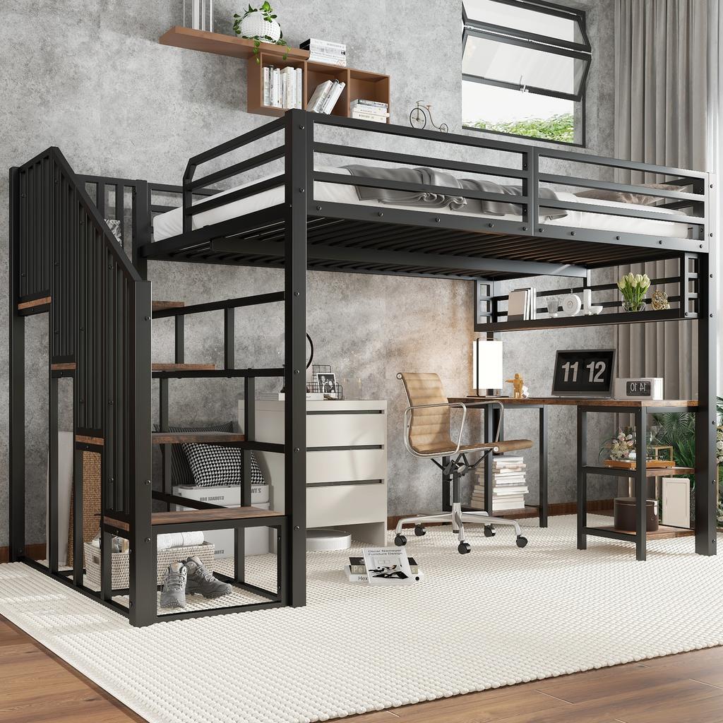 Iron Bed, Loft Bed, Stairs with Handrails, With Desk and Storage Shelf, Stable Slatted Frames, Iron + Chipboard, Black+Dark, 120x200cm