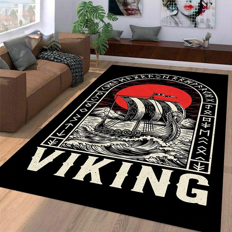 Viking Ship Carpet with Red Sun, Runic Border, Black Nordic Decor Suitable for use as an anti-slip for living room bedroom sofas