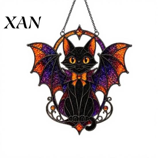 Black Cat Bat Sun Catcher Halloween Suncatcher, Stained Glass Style Acrylic Catcher, Gothic Festival Atmosphere Display Hanging Ornament for