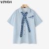 Women Tie Up Short Sleeve College Style Striped Oversized Casual Shirts