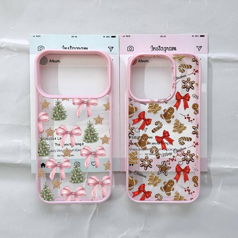 Милый розовый чехол с бантом для IPhone 16 17 15 14 13 12 11 Pro Max 13 12 7 8Plus мультяшный рождественский стиль прозрачный розовый чехол