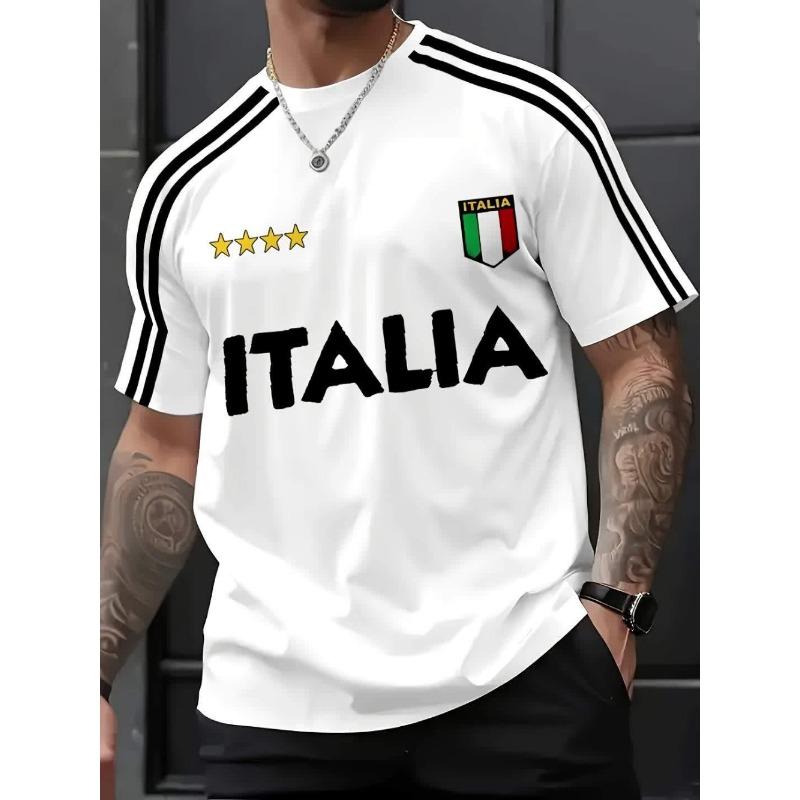 Men's Crew Neck T-shirt With "ITALIA" Print Soft And Breathable Suitable For Outdoor Sports Casual Wear And Holiday Celebrations