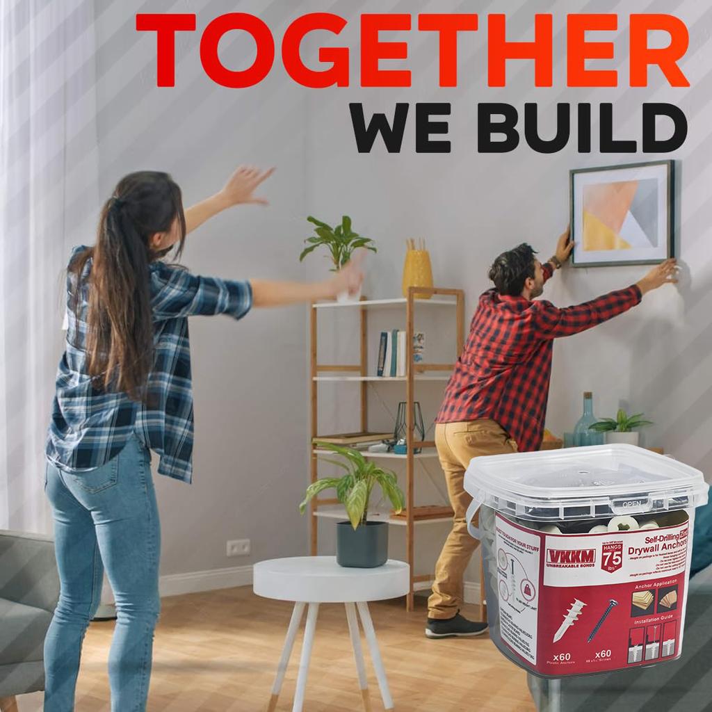 VKKM #8 X 1-1/4'' Self-Drilling Zinc Plated Drywall Anchors with Screws - 30 To 240-Piece Pack for Heavy Duty Wall Mounting