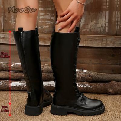 2025 Осень Новые Мотоциклетные Ботинки на Высокой Платформе Черные Высокие до Колена Боковая Молния Длинные Кожаные Сапоги Botas Largas Mujer Размер 35 40