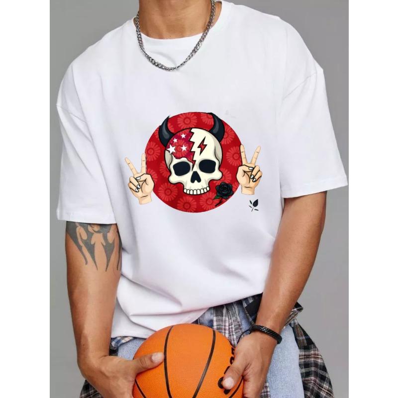 Футболка с круглым вырезом Белый череп с рогами и знаками мира Красный круговой узор для повседневной носки