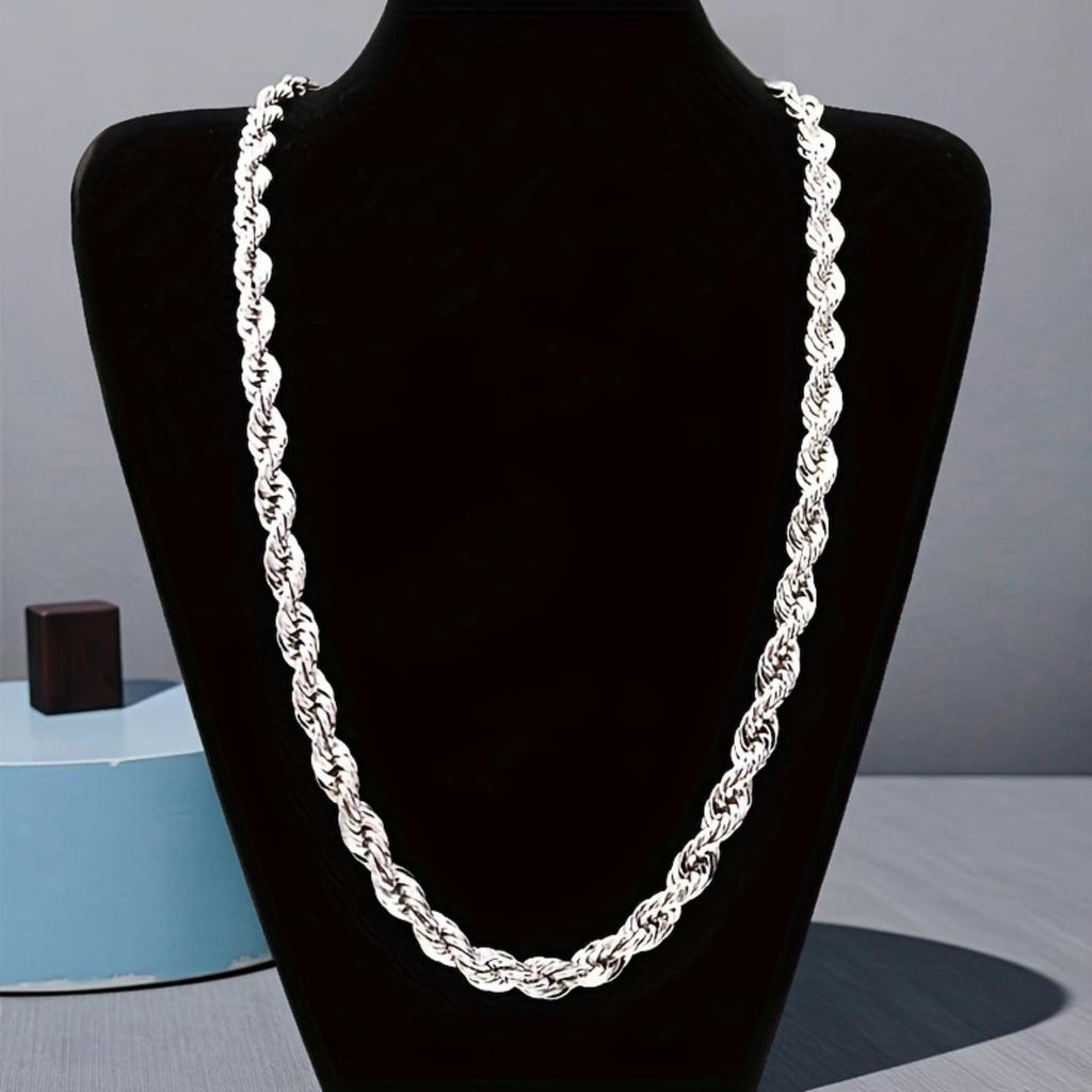 4MM Silver Plated Twisted Rope Jewelry Set, Minimalist Twist Chain Necklace & Bracelet Unisex Layering Daily Accessory