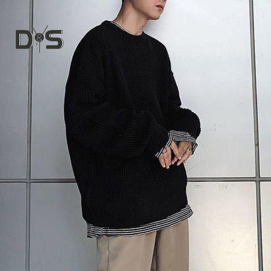 Корейский стиль осень зима мужской свитер-пуловер с круглым вырезом длинный рукав однотонный свободный крой трикотажные топы уличная одежда