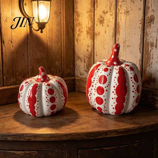 Collectible Ceramic Craft Gifts Pumpkin Sculpture, Modern Polka Dot Figurine, Farmhouse Retro Style Home Soft Furnishings Tabletop Decoration