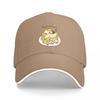 Pancake Cat Baseball Cap Featuring Adorable Cartoon Character with Honey and Flowers Design on Black Hat with White Trim