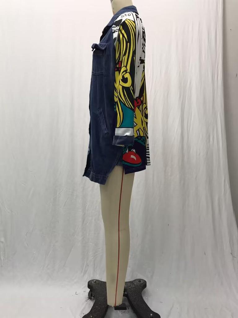 Женская джинсовая ветровка 2025 года: Креативный абстрактный узор, свободный крой, стираная джинсовая куртка