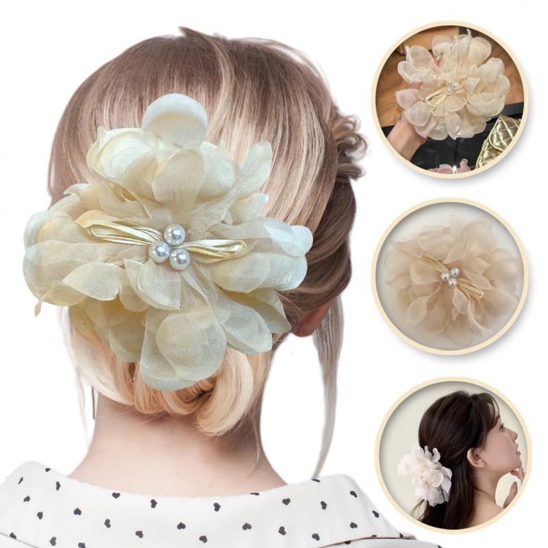 Large Tulle Bow With Pearls Hair Clip Buckle Hair Ornament White Sp