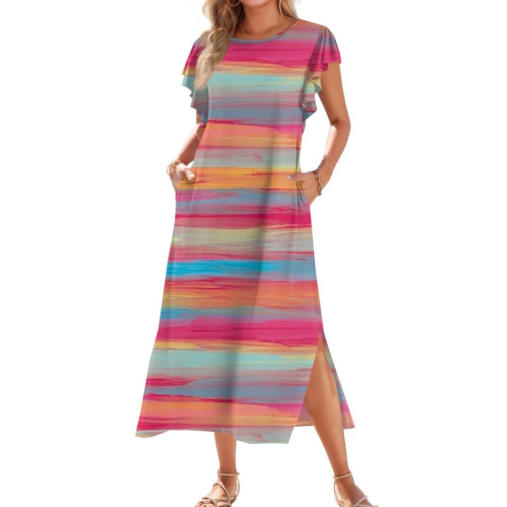 Женское модное летнее повседневное пляжное платье с плиссированными рукавами, свободными полосатыми короткими рукавами, круглыми завязками и карманами