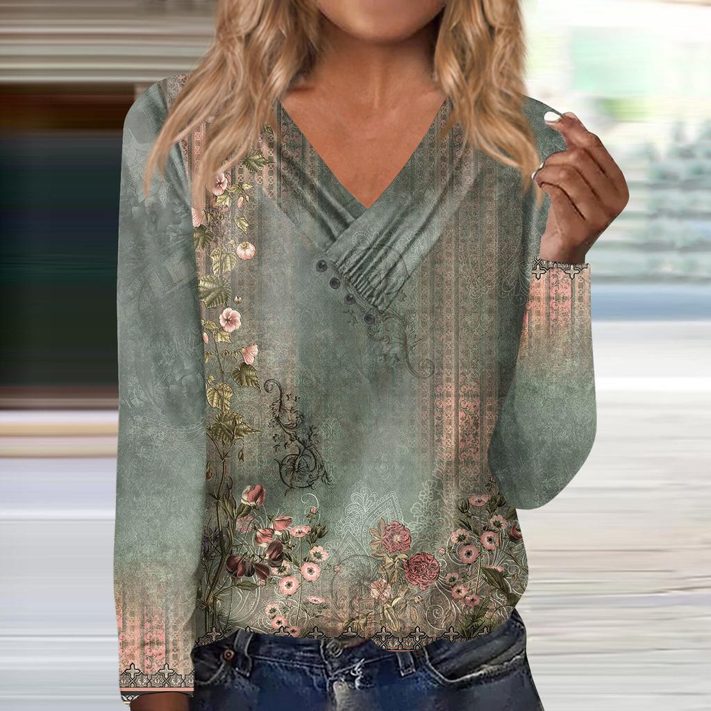 Women's Shirts Dressy Casual Sexy Fashion Pleated V Neck T-Shirts Button-down Fashion Clothing Tunics T-Shirts Pullovers