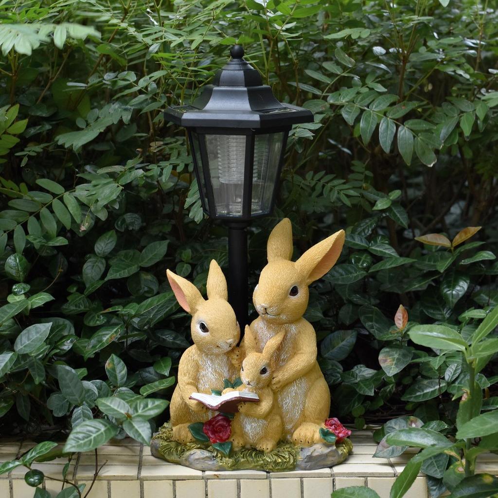 Outdoor Solar Rabbit Family Resin Statue - Courtyard Path Lighting Decoration