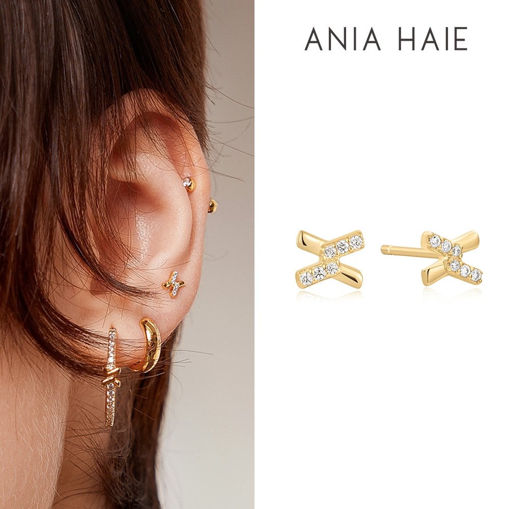 Gold Cross Cubic Zirconia Stud 925 Silver Earrings E061-01G