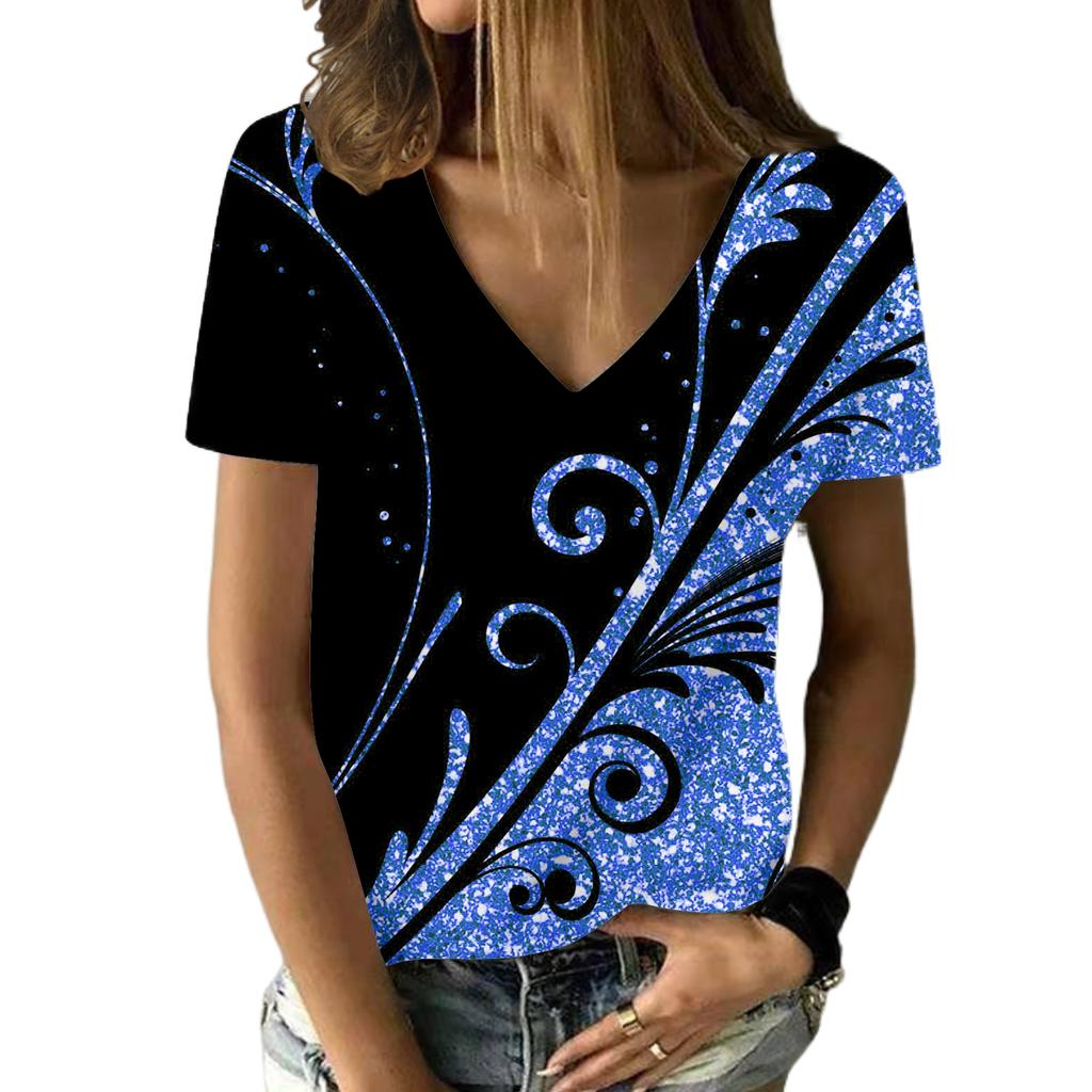 Футболки с абстрактным цветочным принтом 3D, женская мода, барокко, цветочные, свободного покроя, с V-образным вырезом, женская уличная одежда, женские футболки, топы