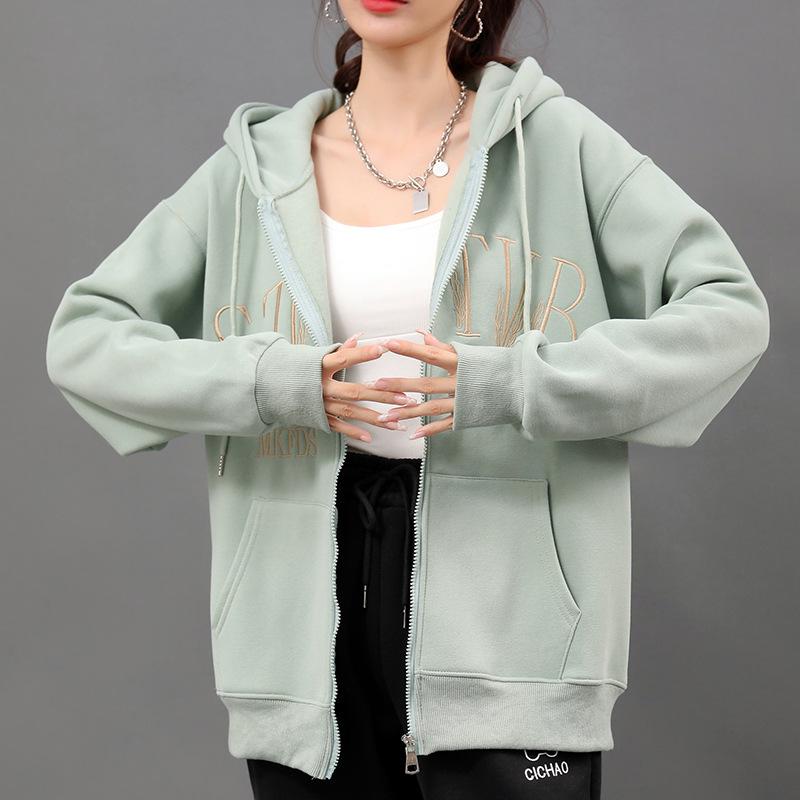 Осень и зима, новый утолщенный плюс бархат свободный модный свитшот для женщин, вышитый утолщенный свитшот с капюшоном на молнии для женщин