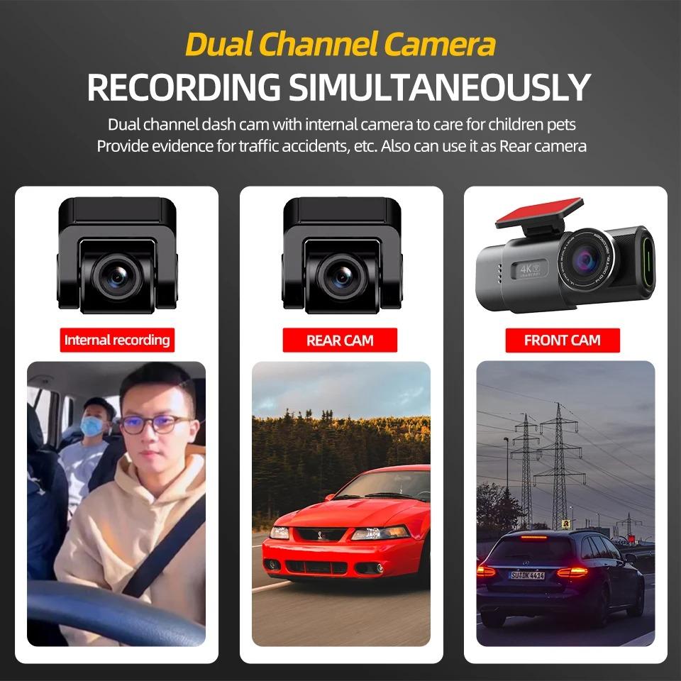 New Dual Lens 4K Driving Recorder Mini Camera GPS Wifi 24-Hour Parking with 1080P Rear View Camera Night Vision Black Box Car On-board Recording