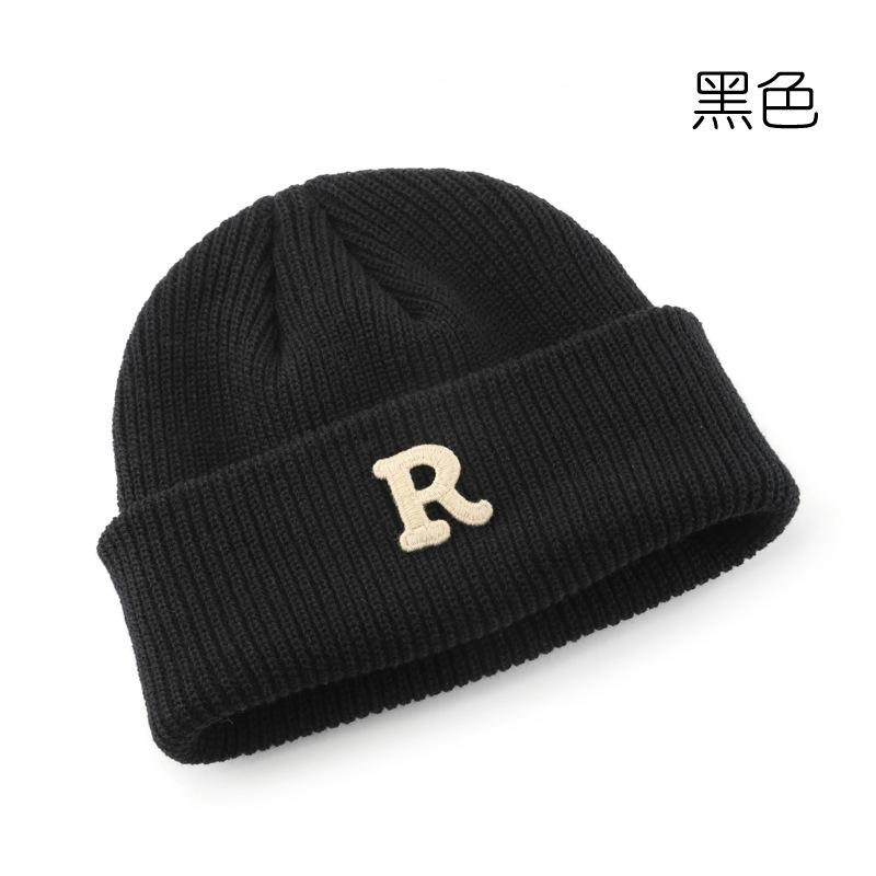 Women's Solid Color Letter Print R Rolled brim knitted hat for outdoor cycling, providing warmth, cold protection, and ear coverage