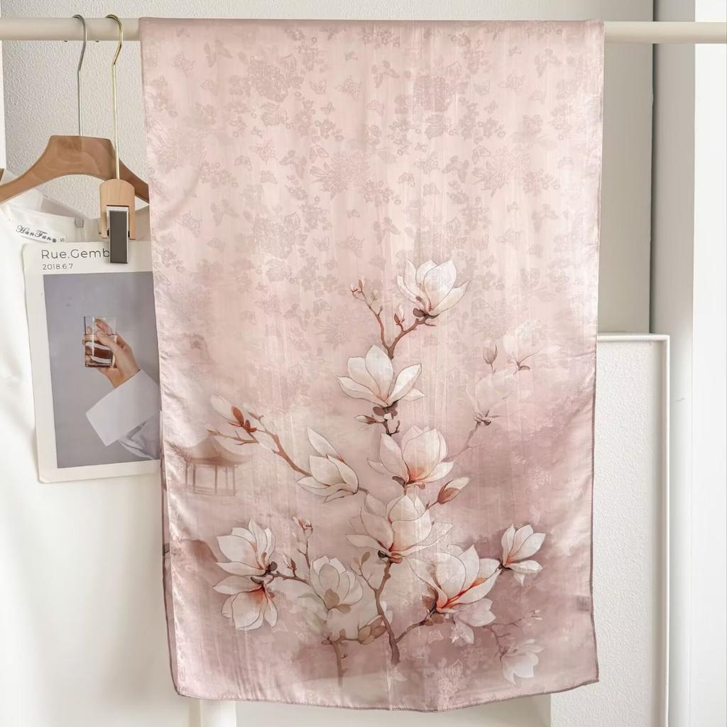 New Sangbo Satin Silk Long Scarf New Chinese Printed Silk Scarf Women's Spring and Summer Versatile Sunscreen Shawl Gift Accessories