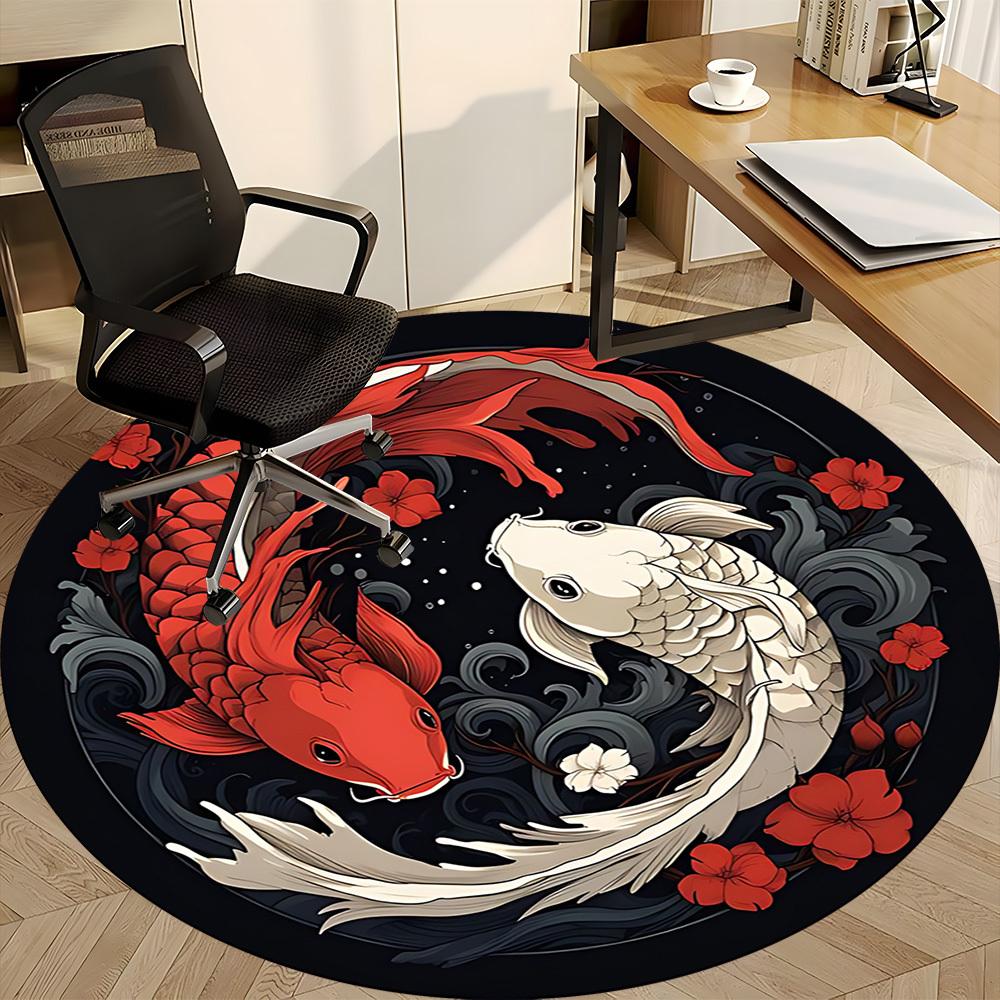 1pc Koi Fish Yin Yang Office Round Area Rug, Indoor Mat Suitable For Office, Under Office Chairs Bedroom Living Room Home Decor, Room Deco