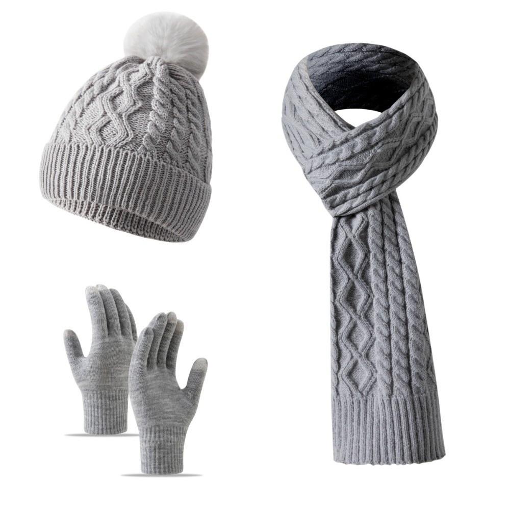 3Pcs/Set Warm Knit Beanie Snood Set Knitted Touchscreen Gloves Winter Hat Scarf Gloves Set Unisex