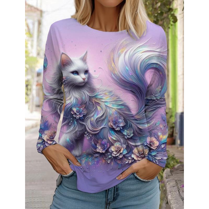 Autumn and Winter Women's Long Sleeve 3D Printed Kitten Cute Print T-Shirt Women's Streetwear Round Neck Long Sleeve