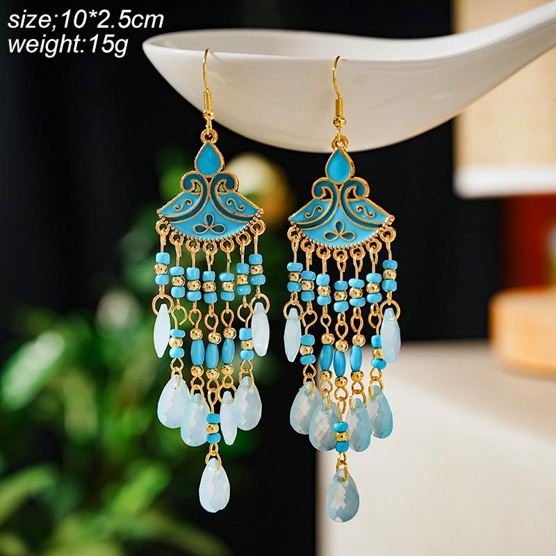 Blue Fashion Boho Temperament Water Drop Feather Earrings for Women Long Crystal Rhinestone Drop Oil Dangle Earring Jewelry