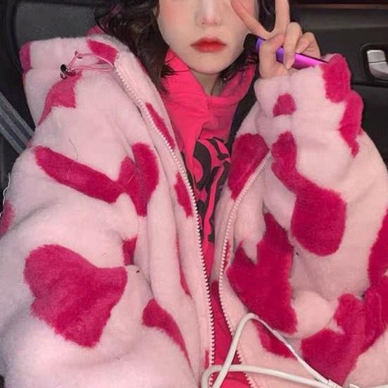 Женская флисовая куртка с капюшоном, толстовка с длинными планками и плюшевыми рукавами и карманами на молнии, верхняя одежда с принтом сердца и медведя