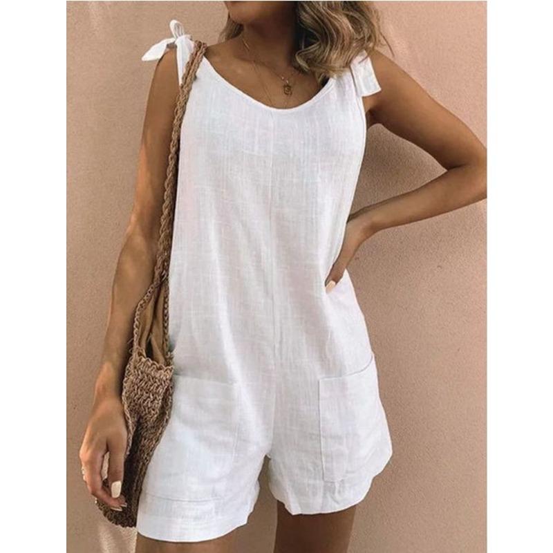 Women's Overalls with Bamboo Sections, Cotton and Linen Pockets, Sleeveless Loose Jumpsuit
