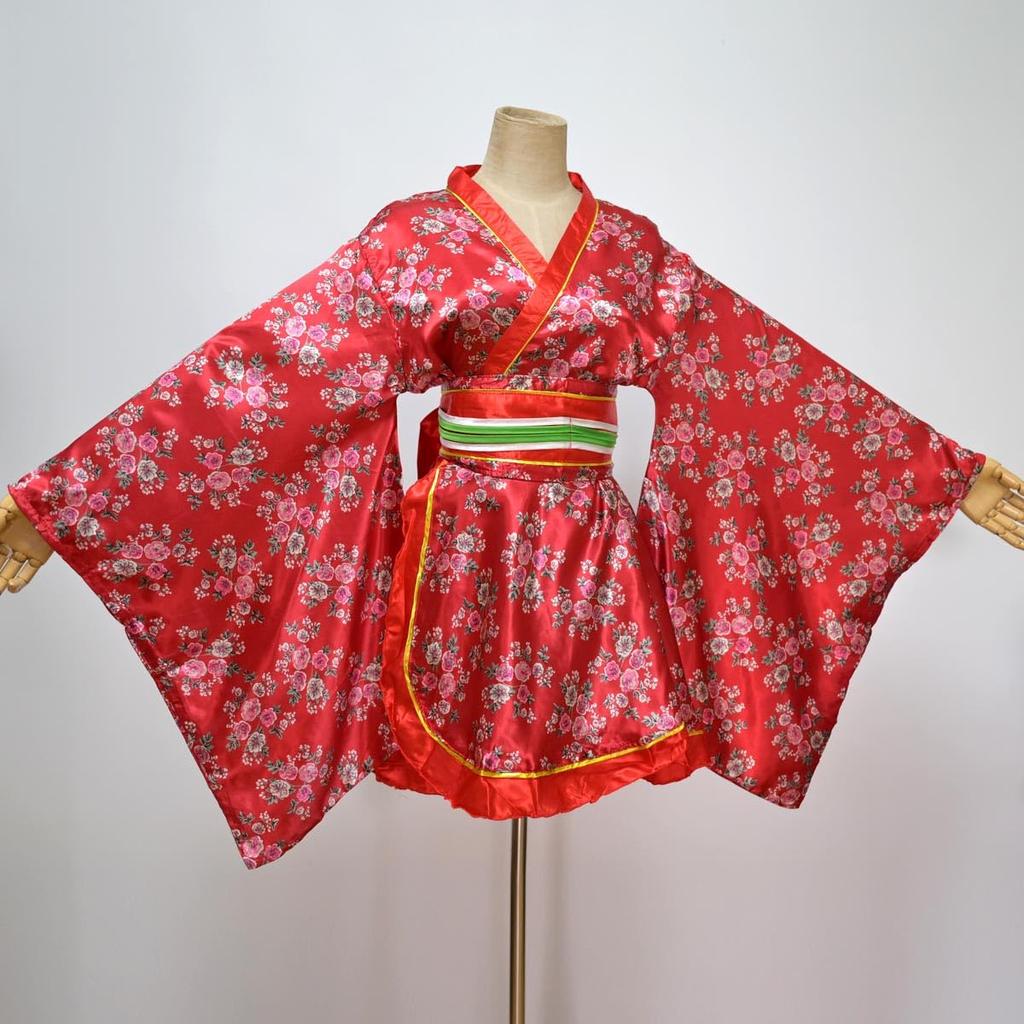 Sexy Short Japanese Gown Japanese Geisha Cosplay Costume Flower Print Yukata One Piece with Obi Belt Underwear Bathrobe Pajamas Women's (Red, L)