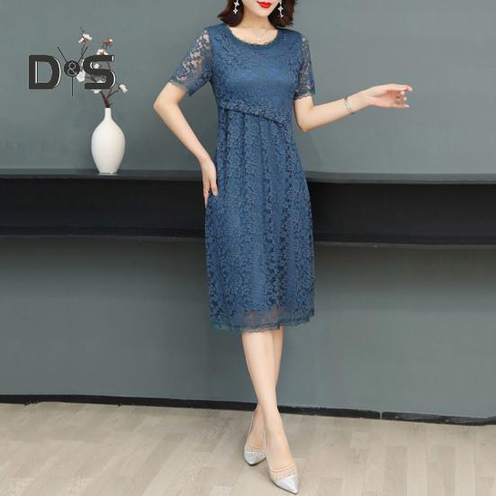 Women Dress Hollow Out Lace Round Neck Solid Color Flower Embroidery A Line Loose Hem Double Layers Knee Length Short Sleeve Lady Midi Dress