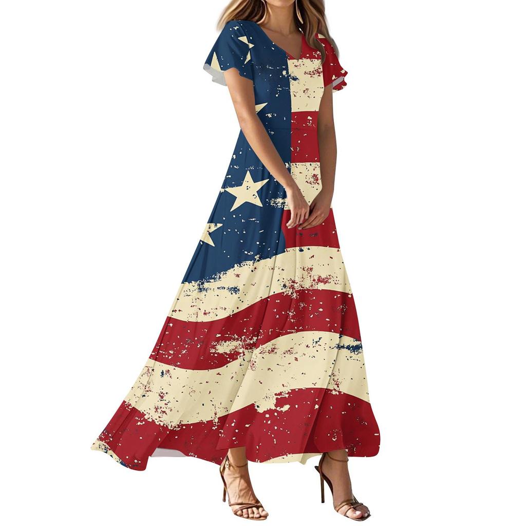 Женские повседневные модные платья с принтом ко Дню независимости, платья с коротким рукавом и V-образным вырезом