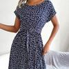 O-Neck Short Sleeve High-Waist Lace-Up Midi Dress Simple Floral Print Pleated Hem
