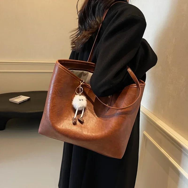 Solid Color Pu Zipper High-end Retro Shoulder Bag Women's  New Trendy Autumn Sewing Thread Large Capacity Tote Commuter Bag