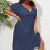 Women Bikini Cover Up Dress Solid Color V-Neck Short Sleeve Elastic High Waist Tassel Patchwork Cover Up Dress