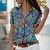 Лето 2025 Новая Мода Женская Рубашка Топ с Коротким Рукавом, V-образным Вырезом, Пуговицами, в Стиле Ретро с Принтом