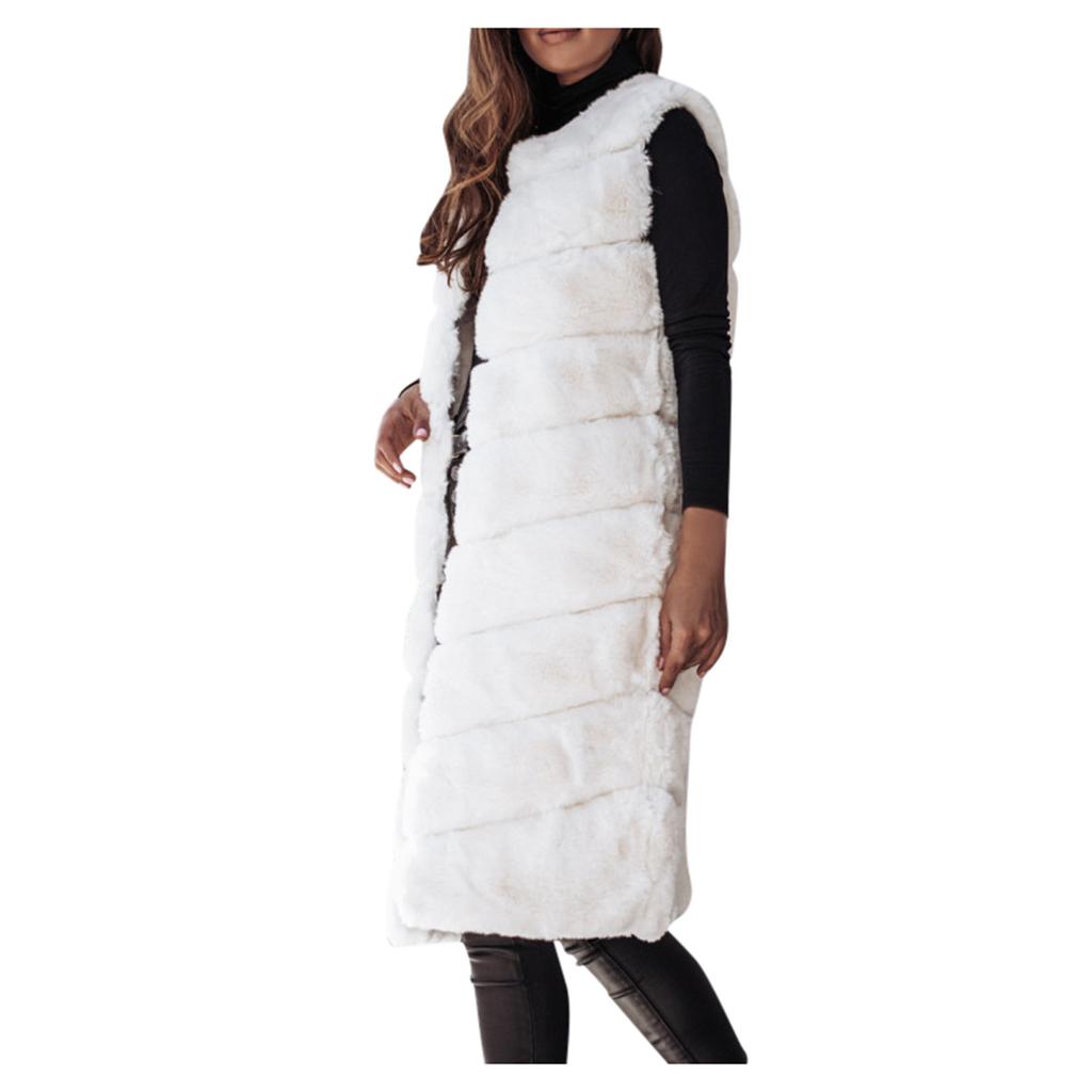Женская мода Длинный сплошной цвет Теплый меховой жилет с круглым вырезом Куртка