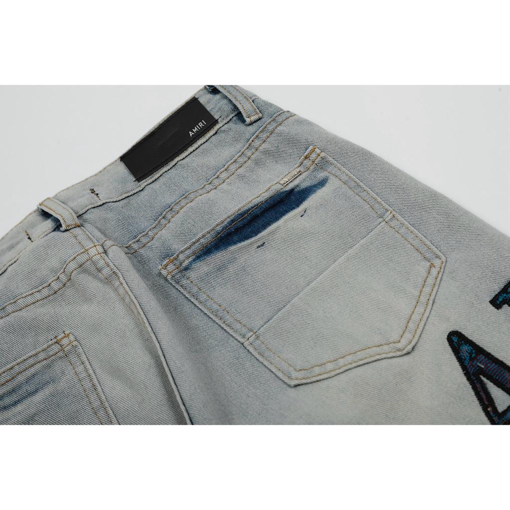 M48 Amiri Men's and Women's American Style Trendy Jeans with Fabric Patches, Holes, Embroidery, Casual and Fashionable High Street Pants