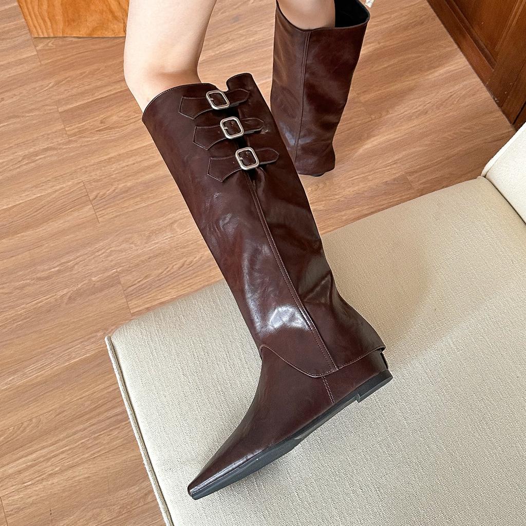 Версия из коровьей кожи увеличение внутренней высоты остроносые ковбойские сапоги вестерн 2025 новые весенне-осенние одинарные сапоги коричневые сапоги средней длины Майяр