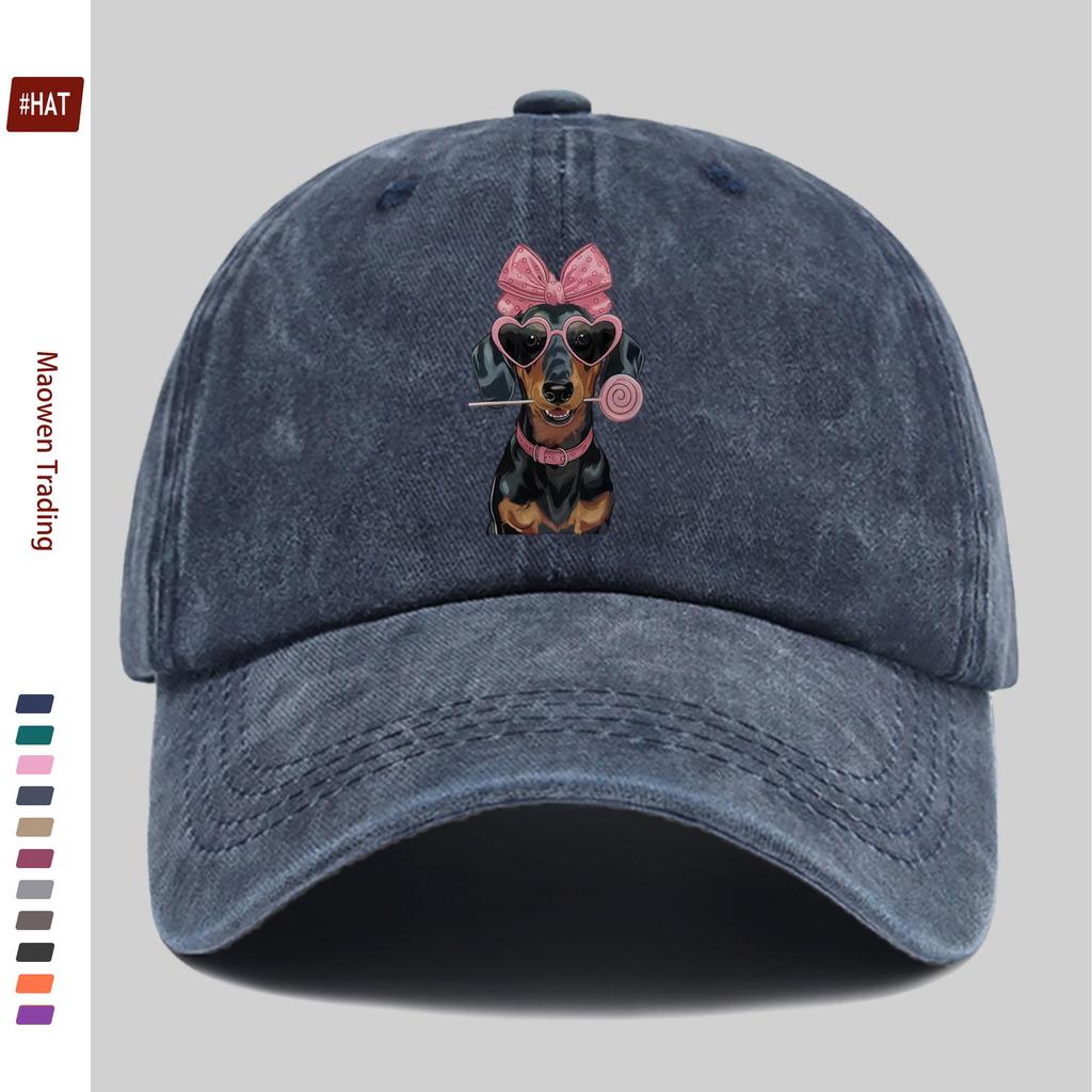 pc Cute Dachshund Pattern Printed Baseball Cap with Pink Bow Design Sun Hat Comfortable Lightweight Trucker Style Decor Hat A