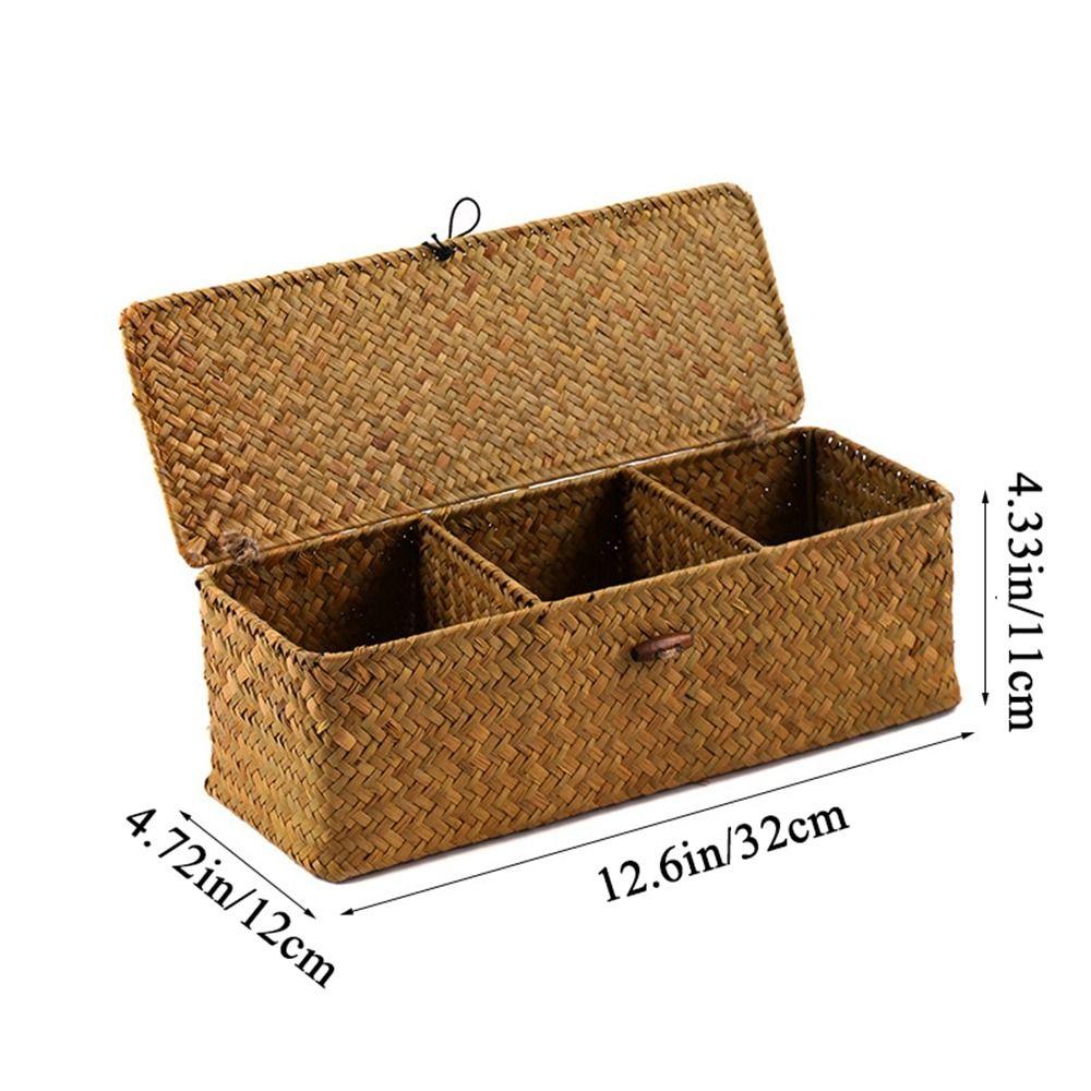 Rectangular 3 Grid Handwoven Storage Basket Dustproof Rattan Divider Storage Box  Wardrobe