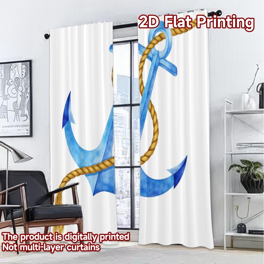2D FLAT PRINTING 2pcs Curtains (Without Rod) Blue Anchor with Rope Modern Creative Curtains Yarn Curtains Decorations For Home