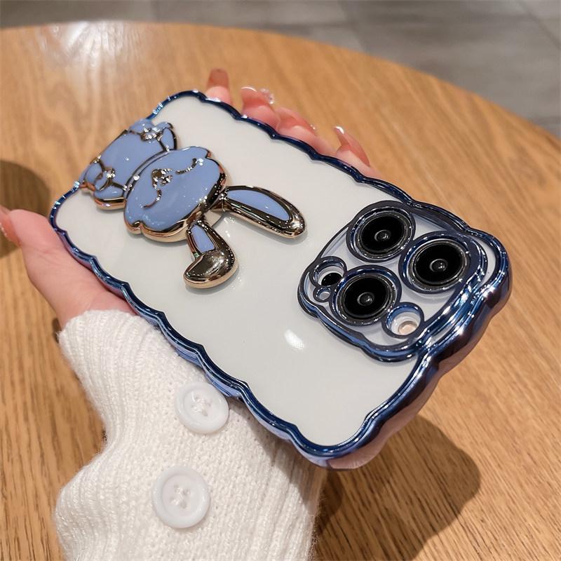 3d чехол-держатель с милым кроликом для Iphone 14pro 13 12 11 14 Pro Max 14 Plus 14, прозрачный противоударный чехол с волнистым покрытием