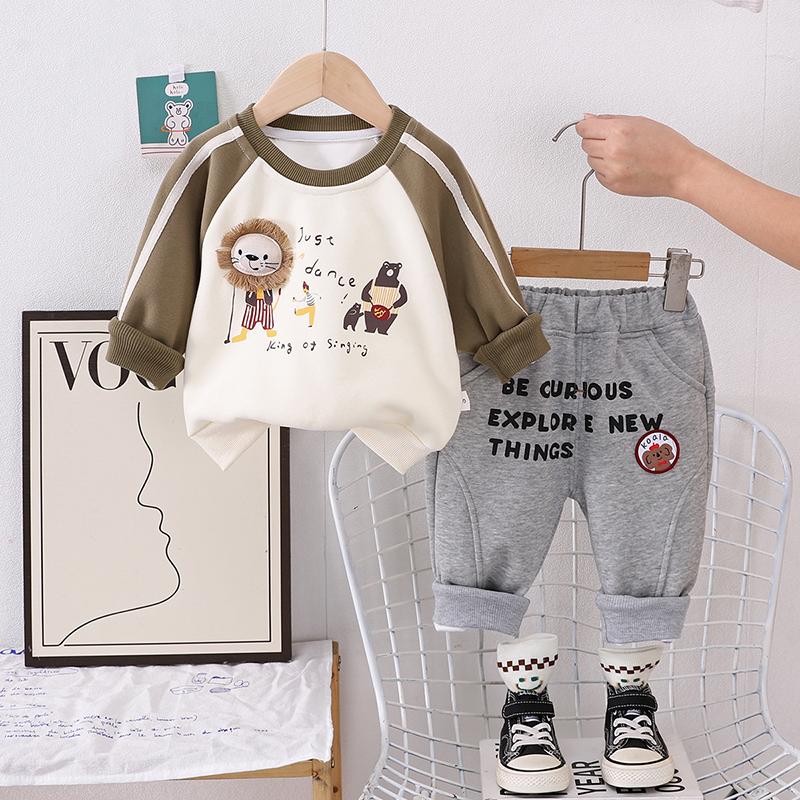 Костюм с длинными рукавами для мальчиков от 0 до 5 лет, детская толстовка с капюшоном и принтом льва + повседневные штаны, комплект из двух предметов, милая и удобная одежда для мальчиков и малышей