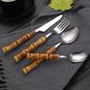 Bamboo Handle Tableware Set Stainless Steel Knife Fork and Spoon Pure Natural Handle Tableware Set Cake Dessert Steak Tableware